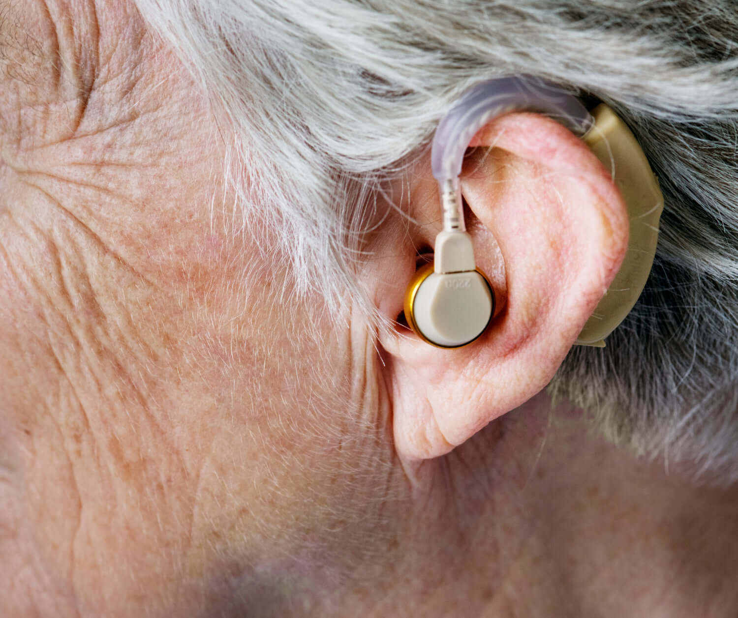 Older adult wearing a behind the ear hearing aid with tubing and an in-ear receiver.
