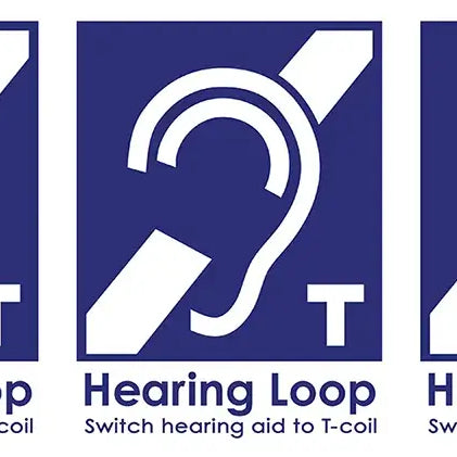 Official hearing loop symbol showing an ear with a T icon, indicating that users can switch their hearing aid to the T-coil setting.