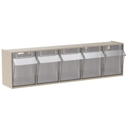 Tilt Front Bin TiltView® with five clear bins organized for visibility and convenient storage on a workspace.