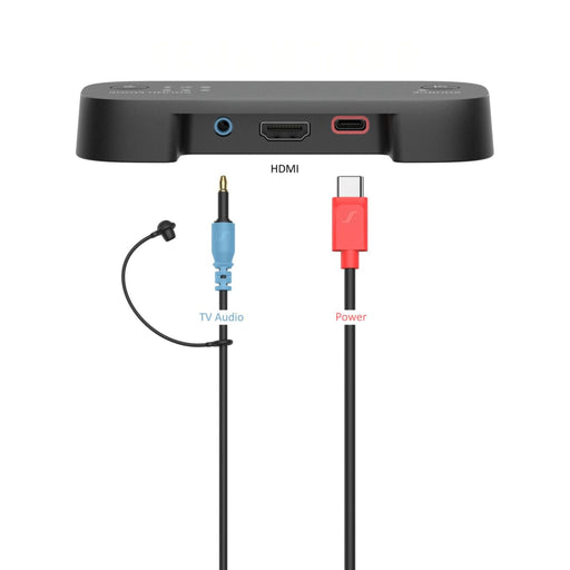 Sennheiser BTA 1 transmitter rear panel showing optical HDMI and analog inputs