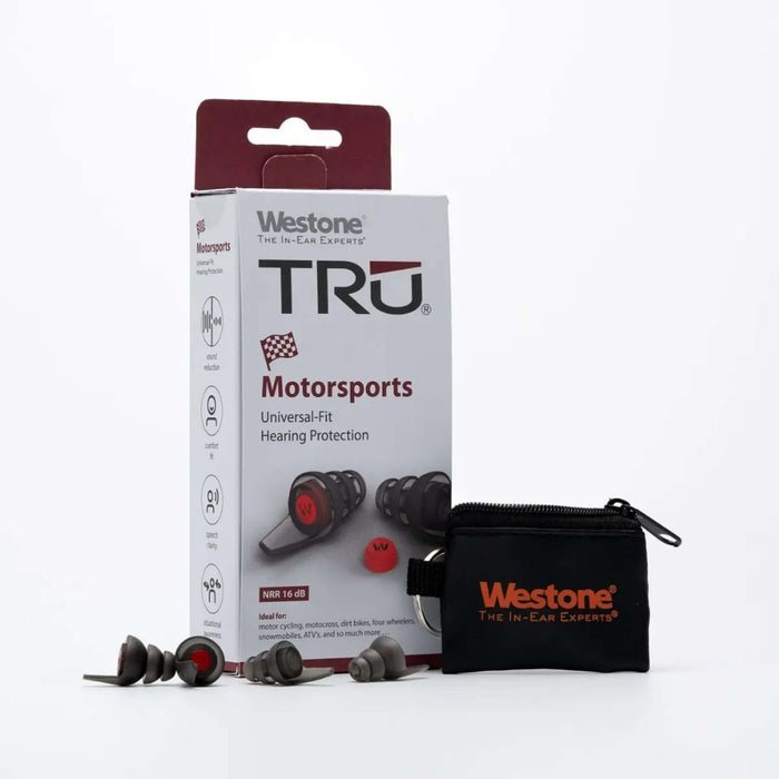 TRU Motorsports Universal Fit Hearing Protection with packaging and earplugs on display.