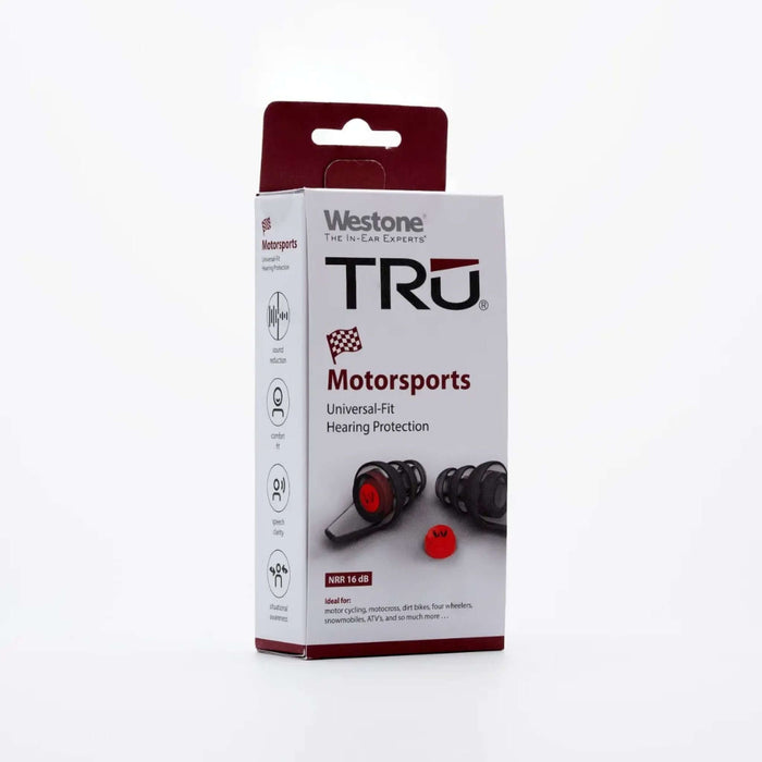 TRU Motorsports Universal Fit Hearing Protection packaging box with noise reduction features.