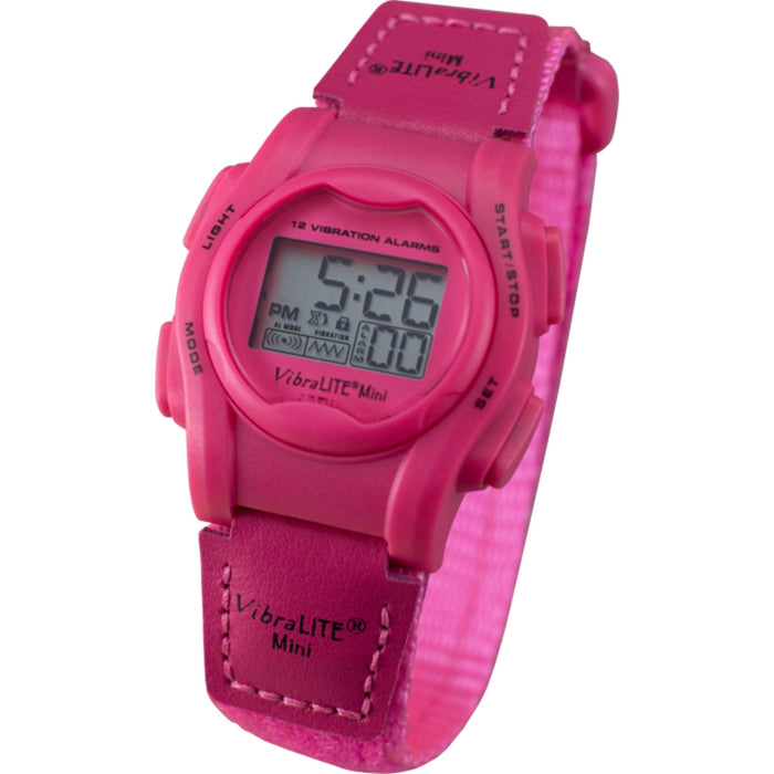 VibraLITE Mini Vibrating Watch - Neon Pink Nylon Hook and Loop Watch Strap