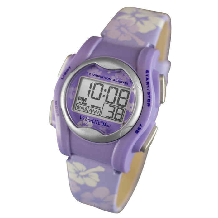 VibraLITE Mini Vibrating Watch - Purple and White Floral Leather Watch Strap with Stainless Steel Buckle