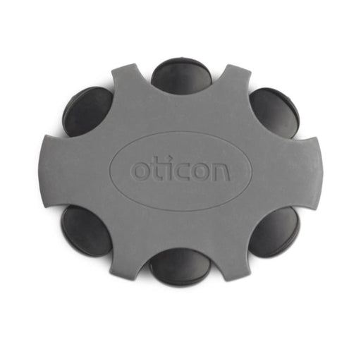 A pack of six Oticon Prowax miniFit wax filters for hearing aids. The filters are black and the pack is displayed with the Oticon logo on the top.
