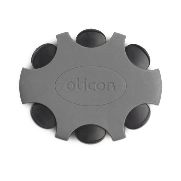A pack of six Oticon Prowax miniFit wax filters for hearing aids. The filters are black and the pack is displayed with the Oticon logo on the top.