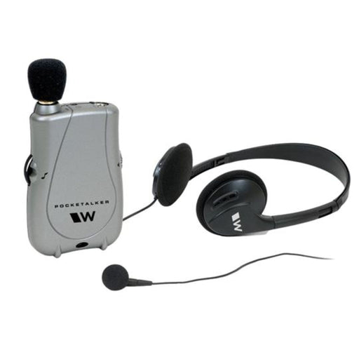 The image shows a Pocketalker Ultra personal amplifier with its deluxe folding headphones and a single mini earphone. The device is silver-colored with black accents, and the headphones are black with gray accents.